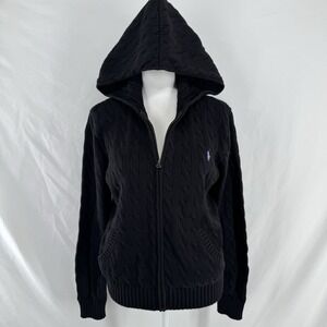 Ralph Lauren Preppy Cable Knit Hoodie Womens XL Quiet Luxury Academia Cotton Zip